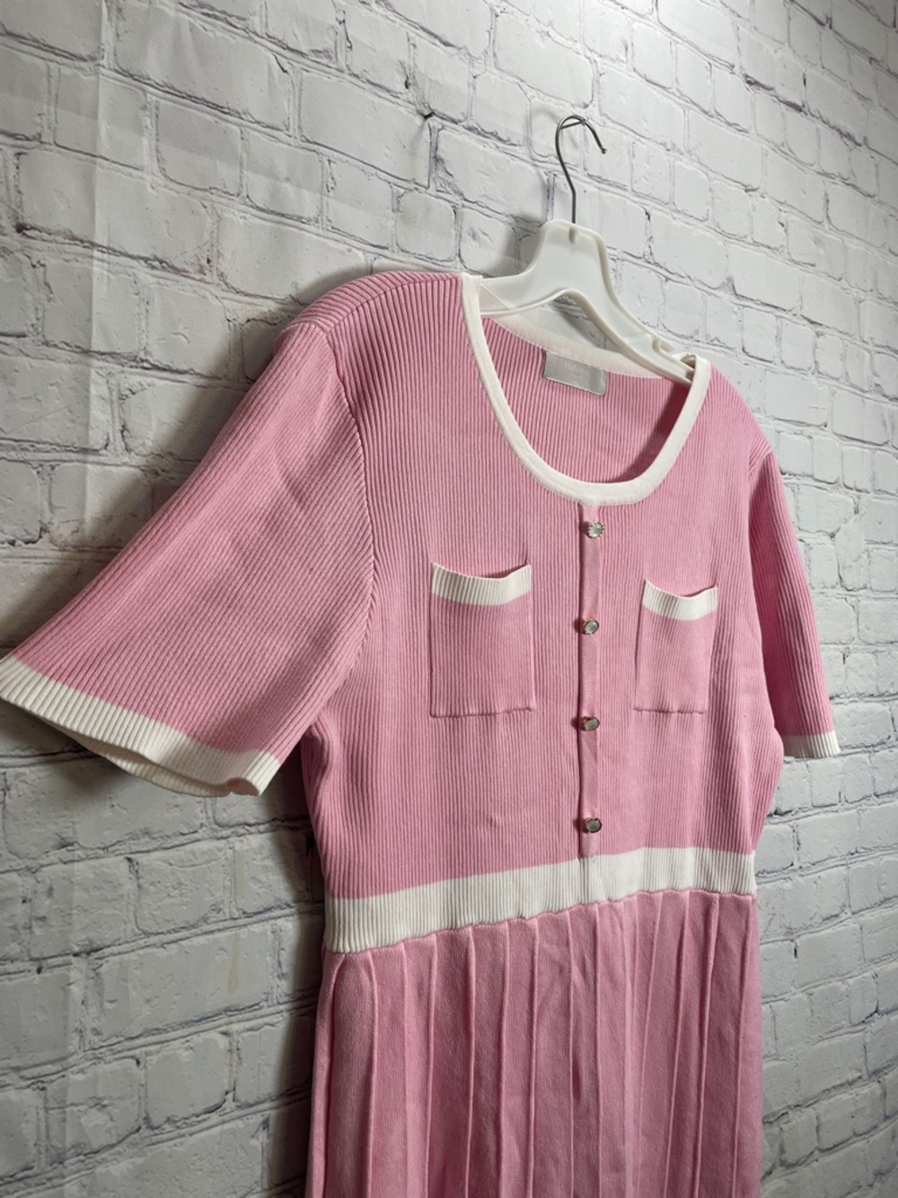 Cotton Candy Pink and Whit Short Sleeve Pleated Knee Length Spring Tennis Dress - Picture 3 of 10